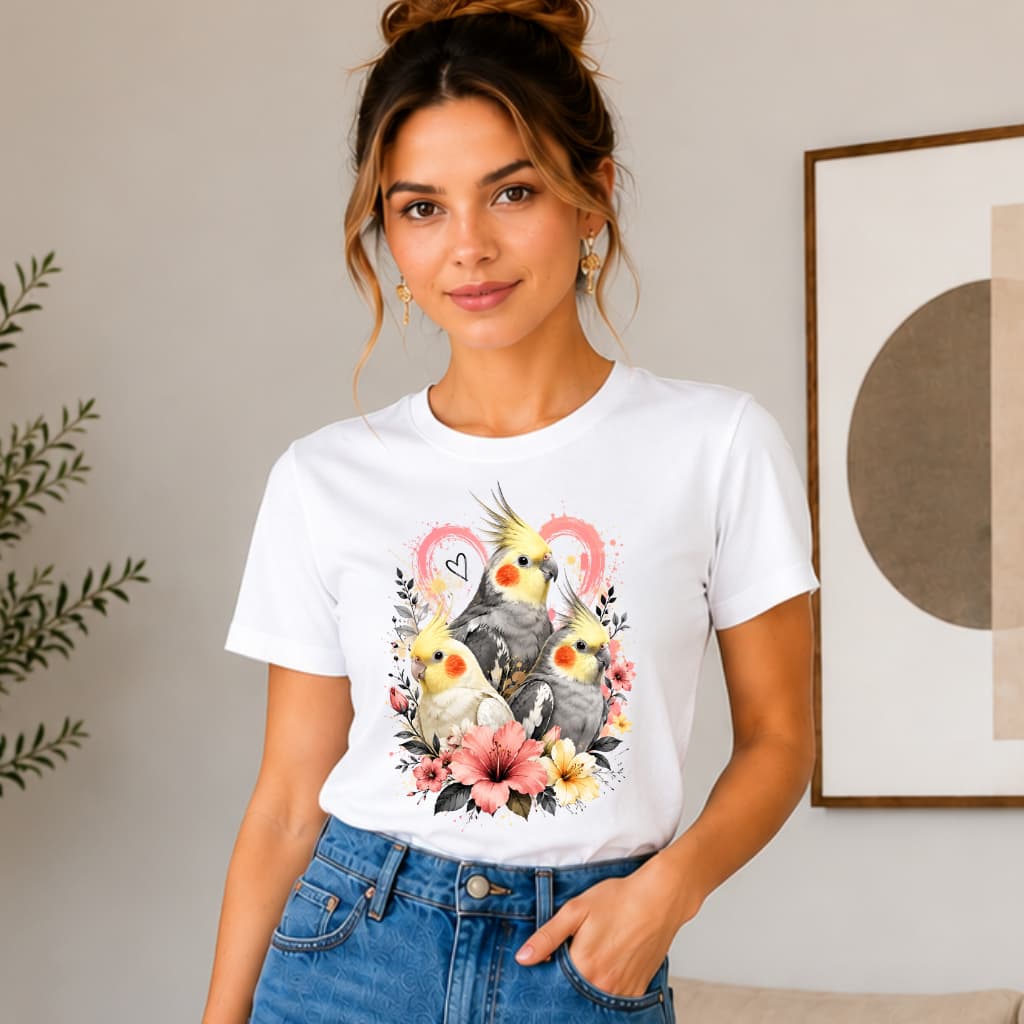Camiseta Blusa T-shirt Estampada Pássaro Animal Ave Pet Calopsita Tendência Em Alta Moda Feminina