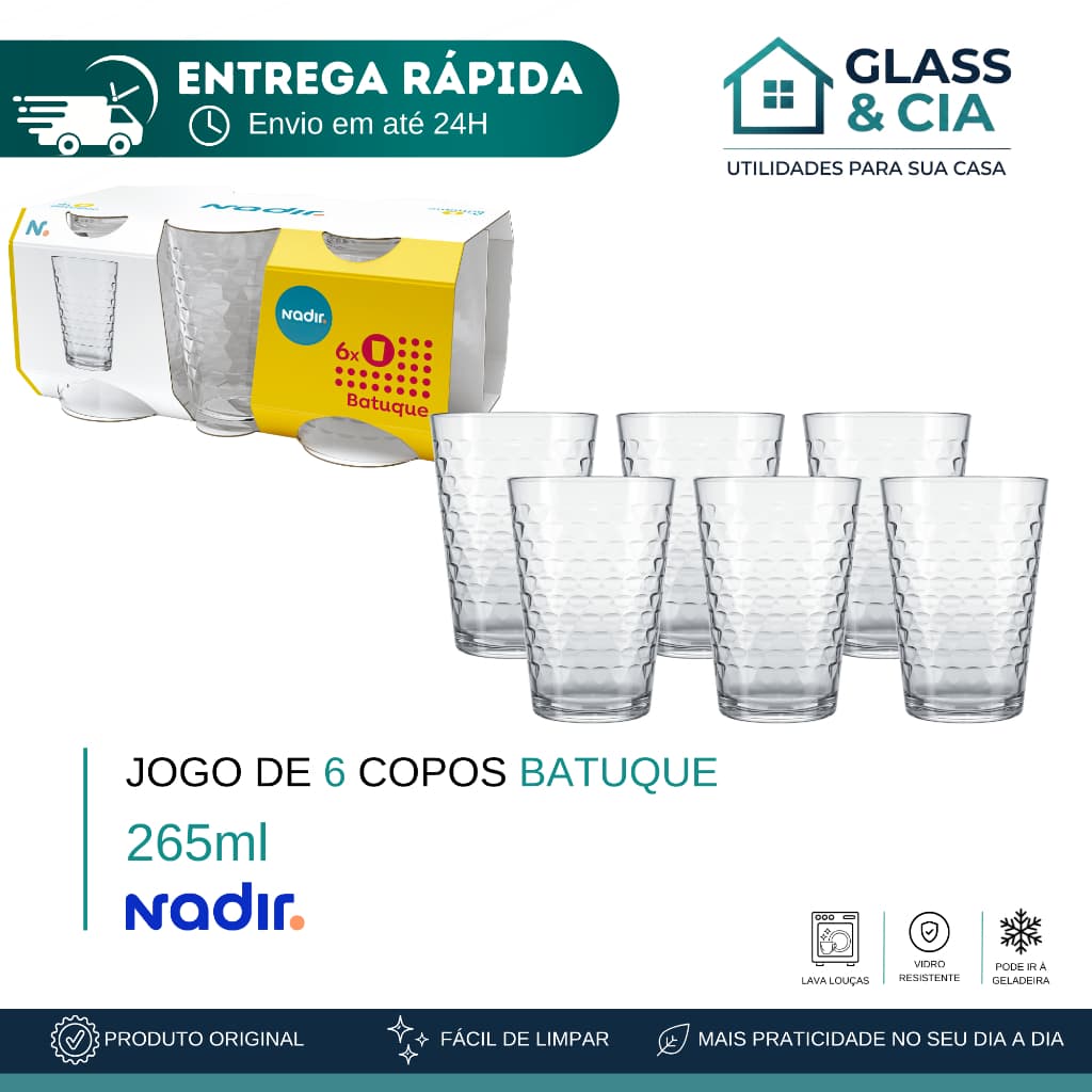 Jogo de Copos de vidro Batuque 265ml 6 peças - Nadir