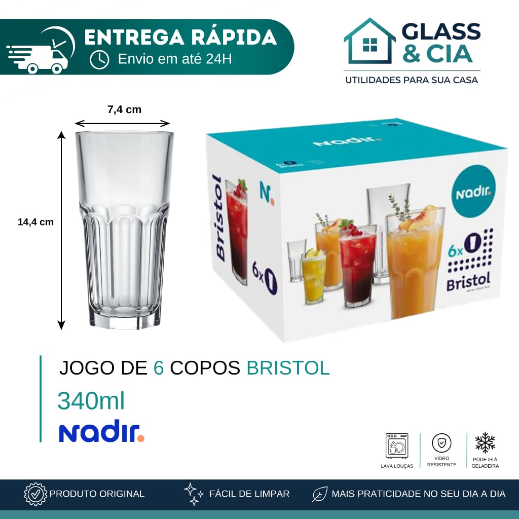 Jogo de Copos Bristol Vidro 340ml 6 peças - Nadir