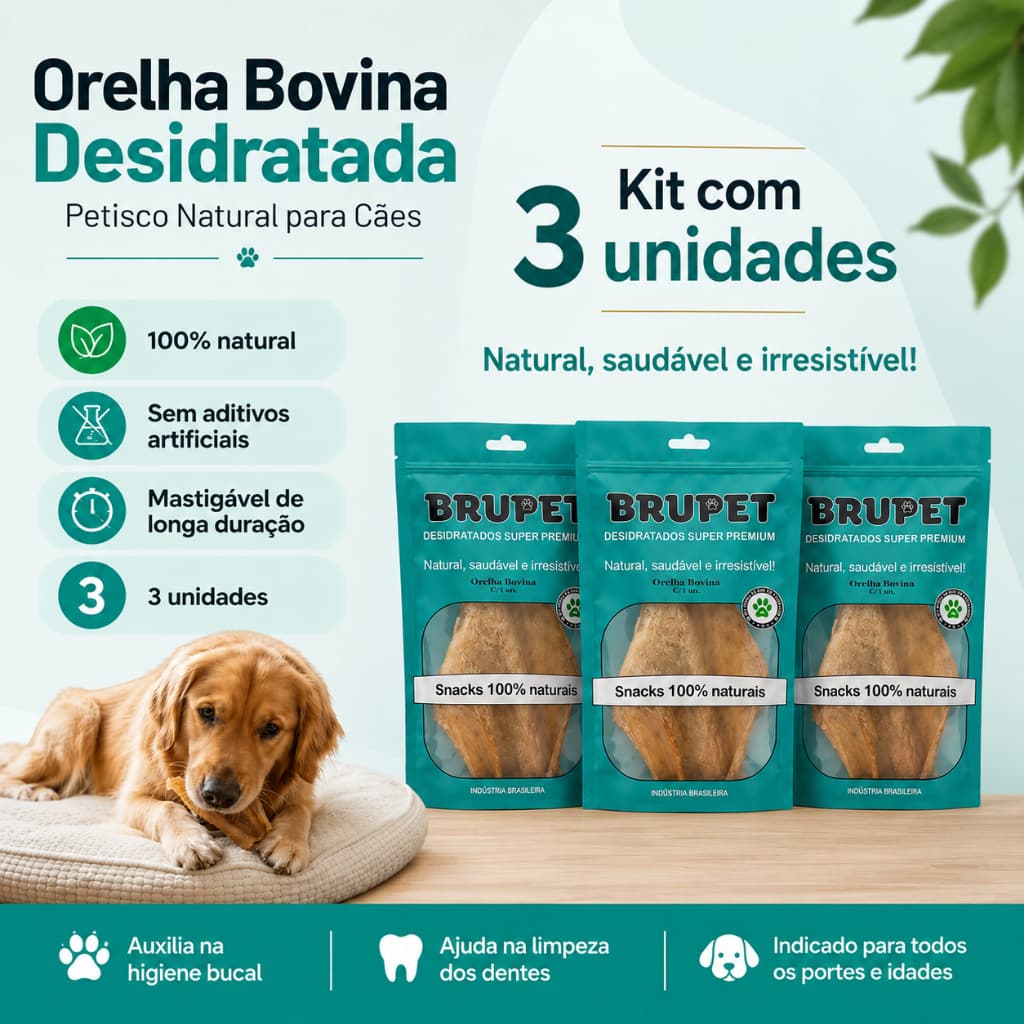 Kit 3un Orelha Bovina Desidratada Brupet Petisco 100% Natural Cães Cachorro Mordedor Pet Unidades