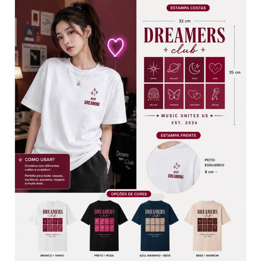 Camiseta Básica Feminina Estampa Costas Premium Estilo Coreano Dreamers Club 100% Algodão