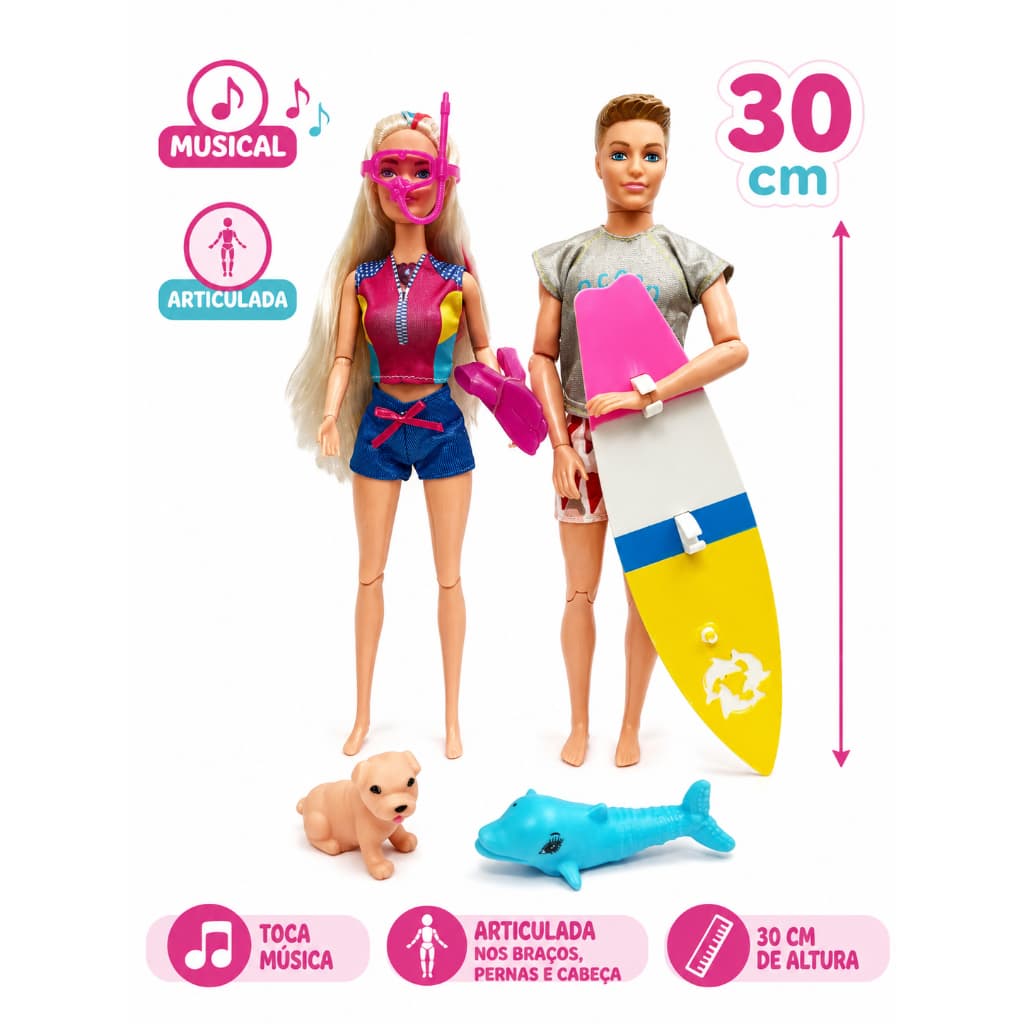Boneca Fashion Praia Musical + Boneco Surfista - Acessórios