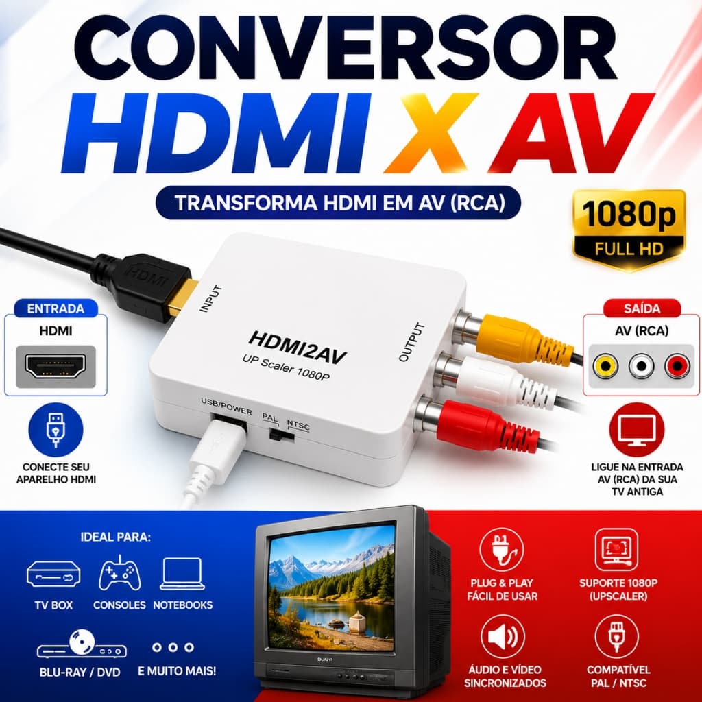 Conversor Adaptador HDMI x RCA AV HDMI2AV Video Game Computador TV Antiga Tubo Monitor