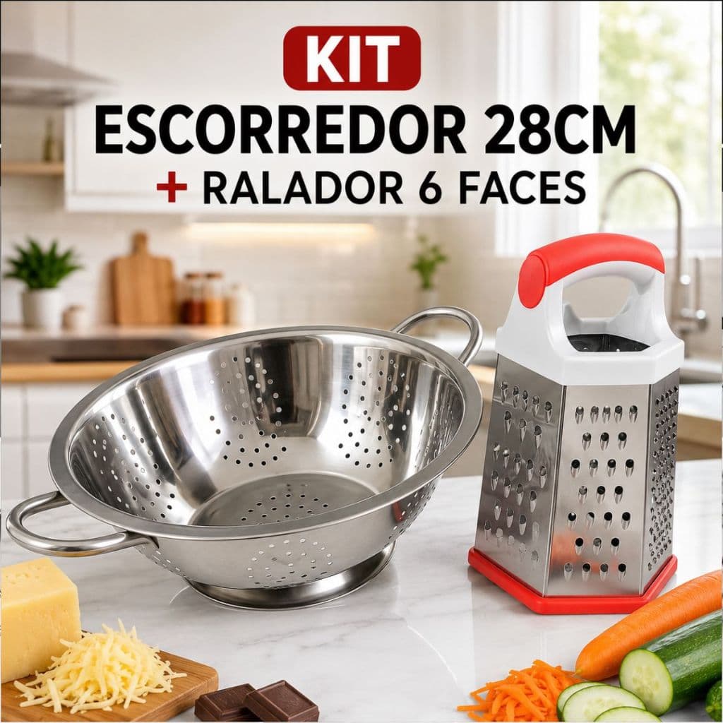 Kit Escorredor Inox 28cm + Ralador 6 Faces Multiuso Utensilios de Cozinha