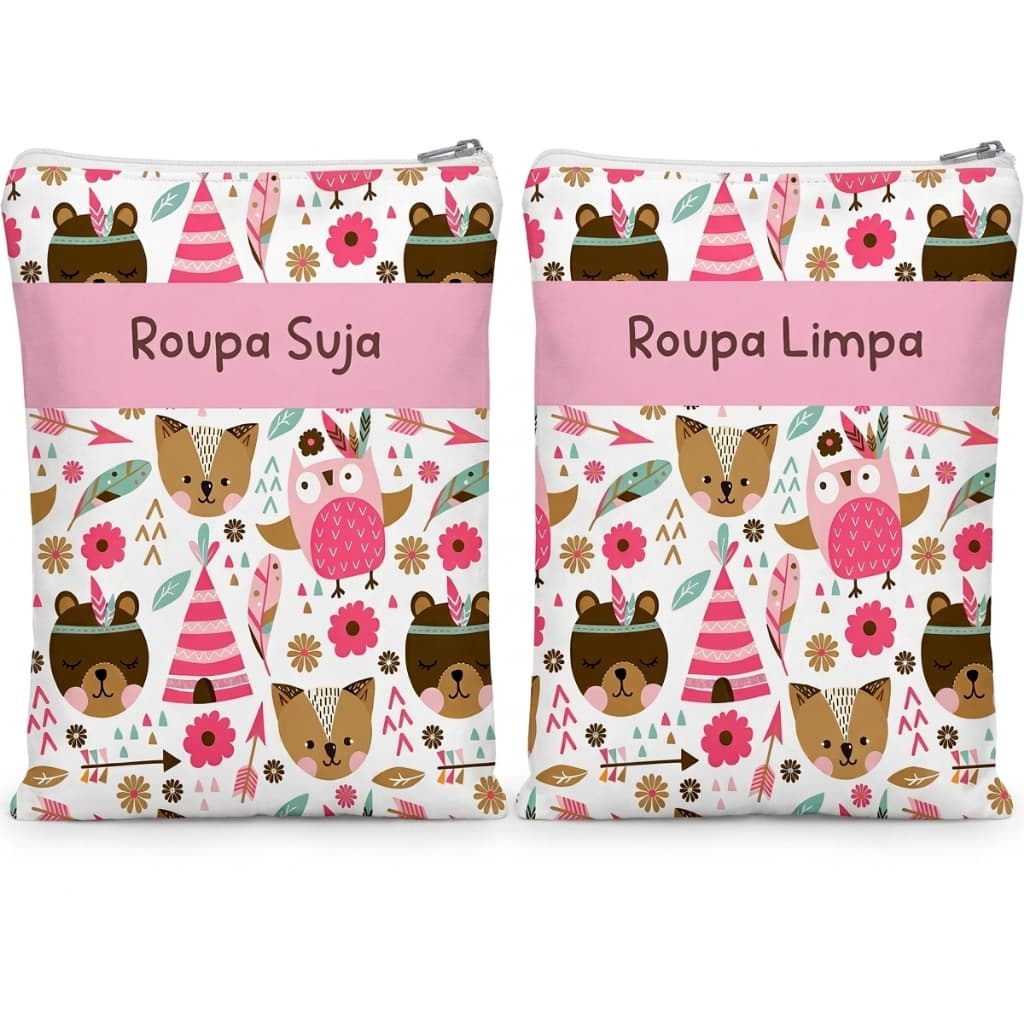 Kit 2 Saquinhos Impermeáveis Roupa Limpa e Roupa Suja Creche Escola 34x28cm Bosque Encantado Rosa
