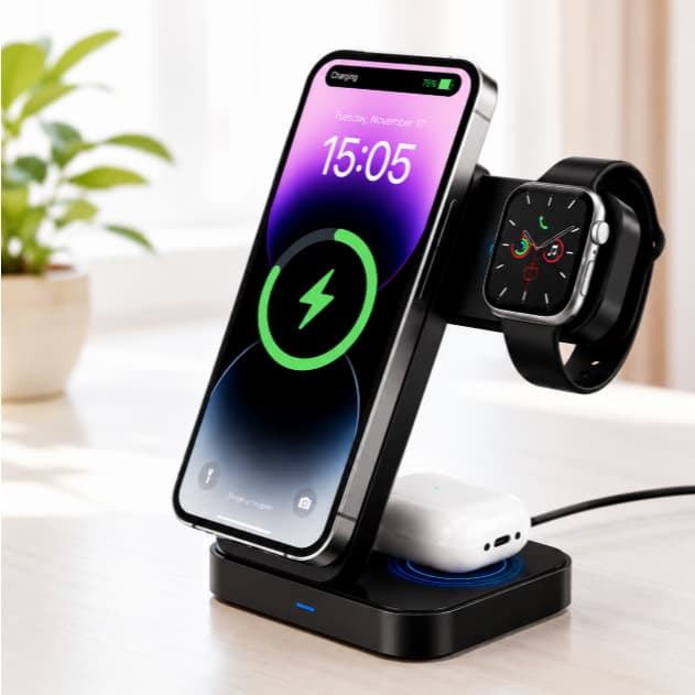 Carregador De Indução Sem Fio 3 em 1 de Mesa Para iPhone + Apple Watch + AirPods, Base Carregamento 25W