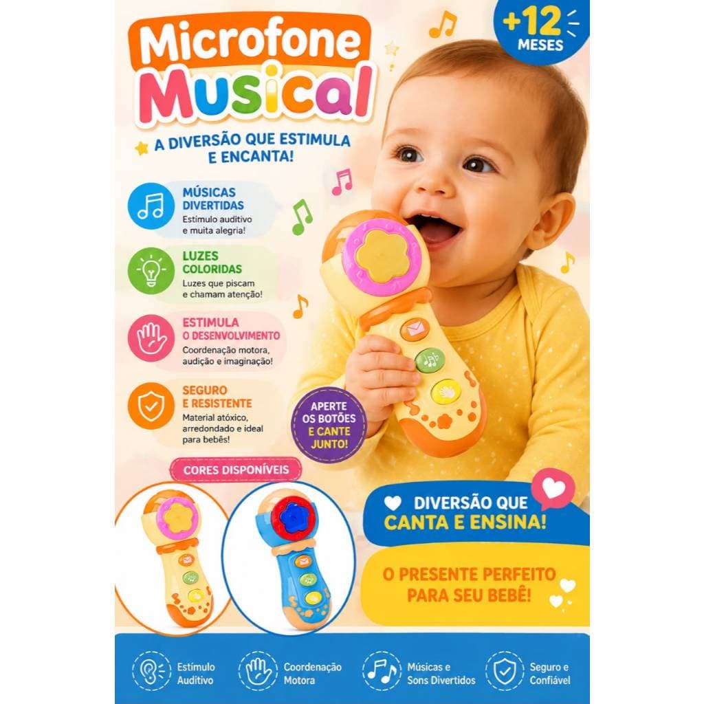 MICROFONE - Brinquedo Musical com Luzes para bebês a partir de 24 meses - INCLUSA DUAS PILHAS AA