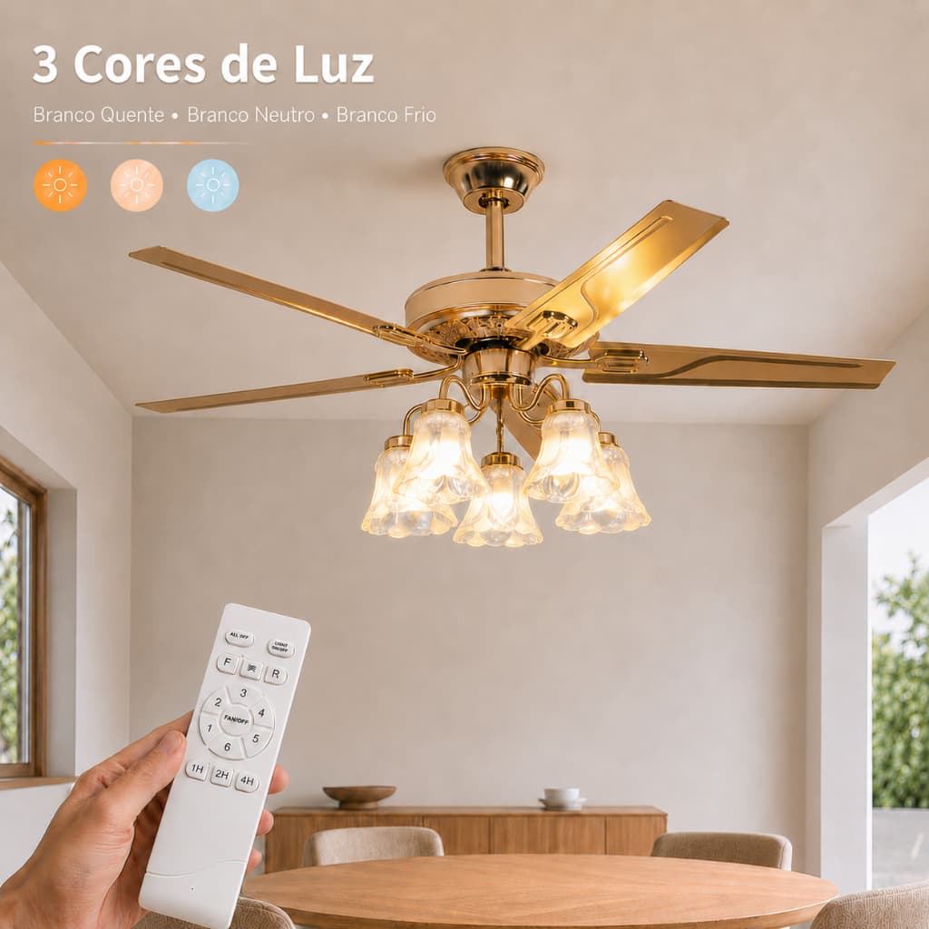 3 Cores Ventilador de Teto Nórdico com Luz LED 42/52 Pol Bivolt Controle Remoto Função Reversa