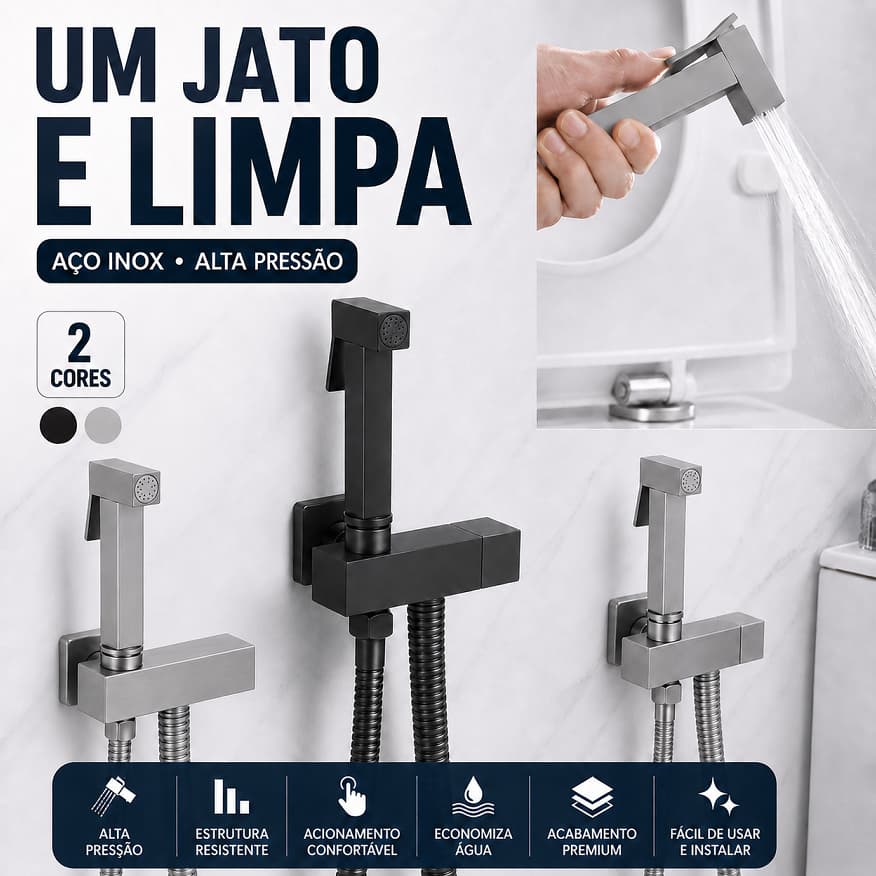 Ducha Higiênica Inox Alta Pressão com Registro e Suporte, Spray Bidê e Mangueira 1,5m para Higiene e Limpeza