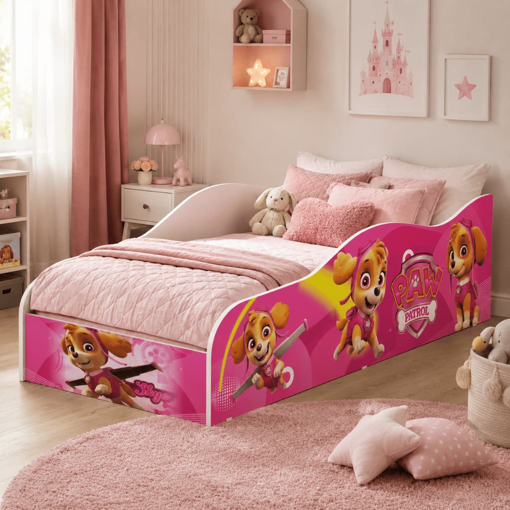 Cama Montessoriana Patrulha Canina Sky Rosa Com Grade Proteção Mini Feminina Quarto Adesivada Desenho