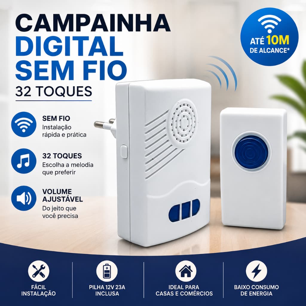 Campainha Sem Fio Digital Residencial Wireless 32 Toques Volume Ajustável Alcance 10 Metros