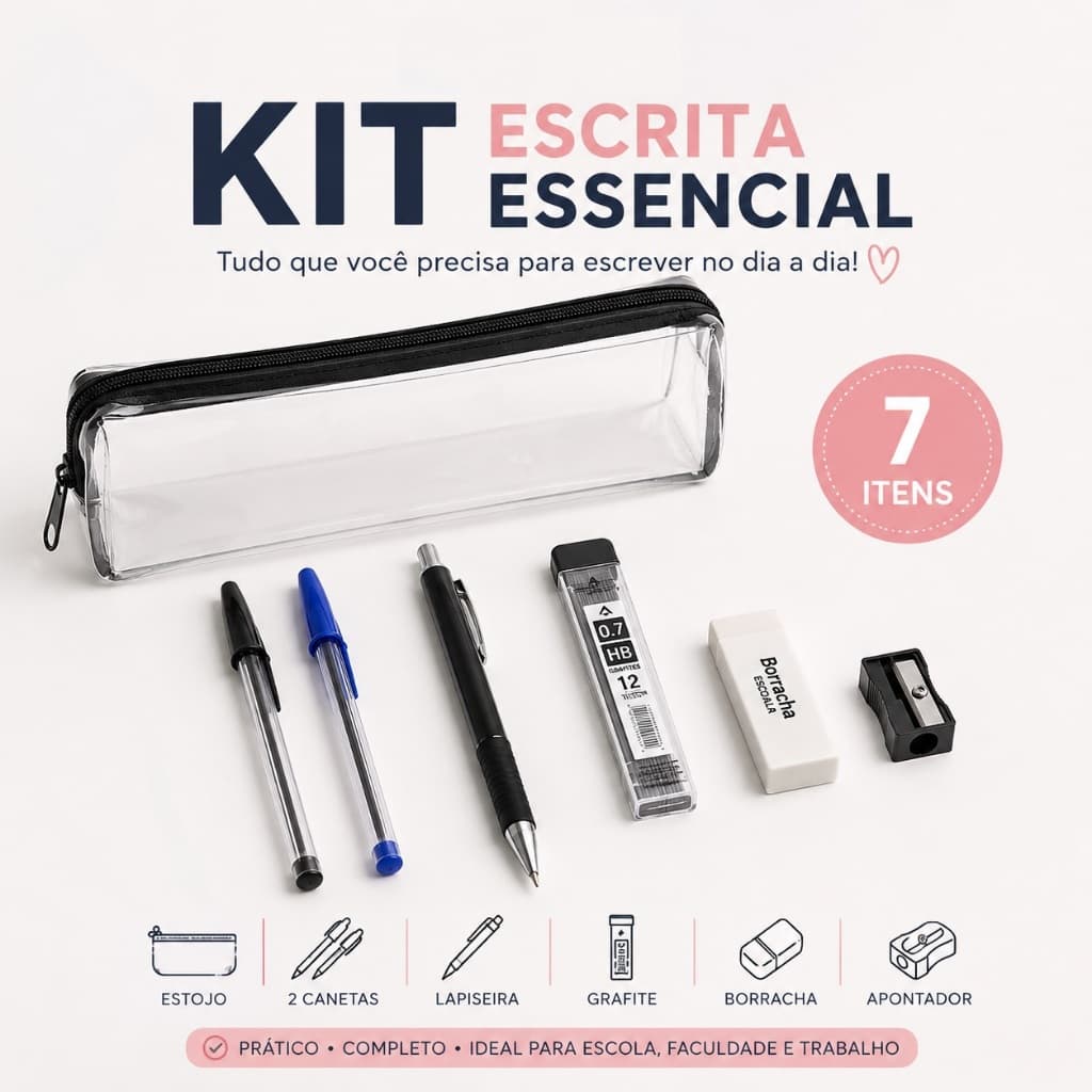 Kit Escrita Essencial com Estojo | Lapiseira, Canetas, Grafite, Borracha e Apontador - 7 itens
