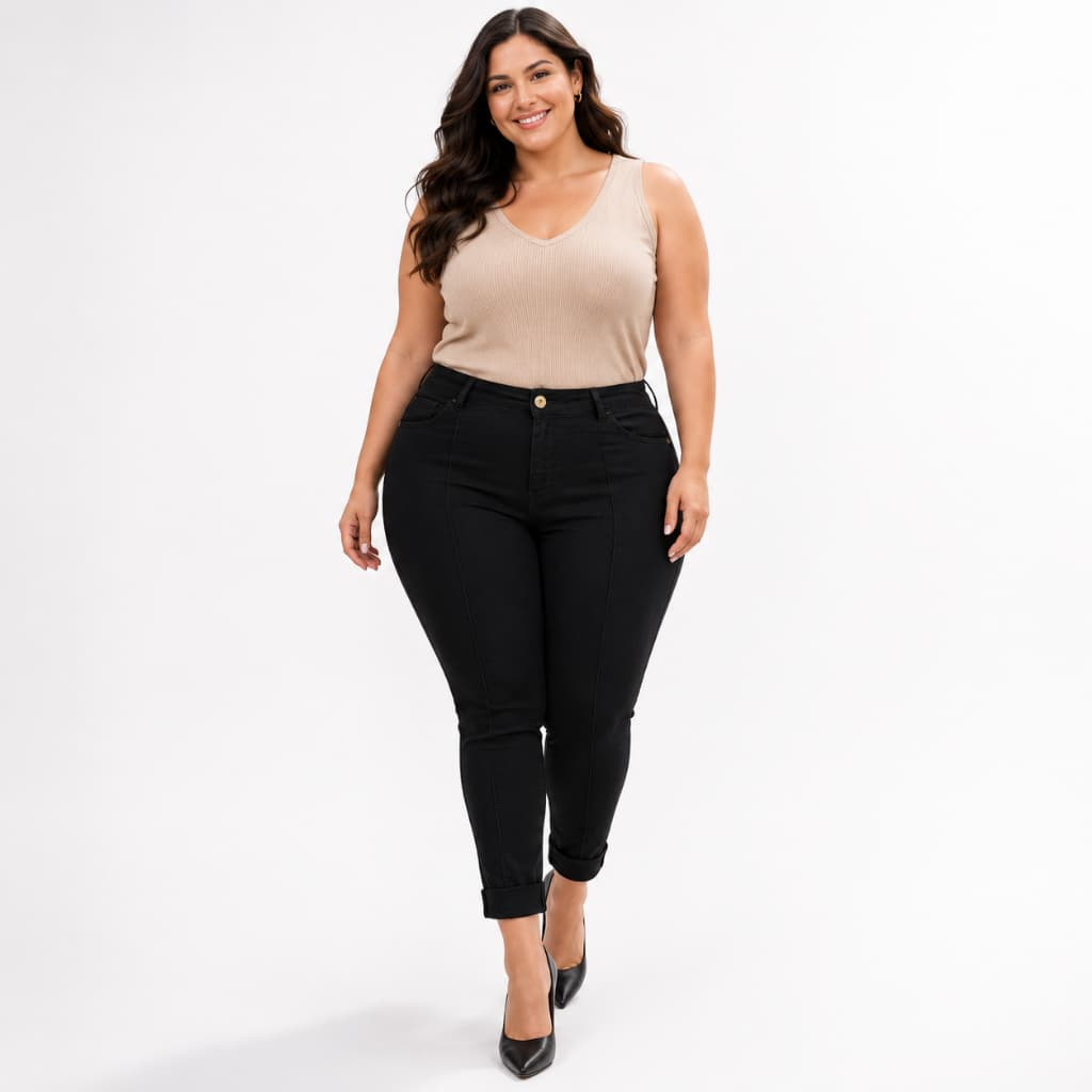 Calça Jeans Capri Plus Size Feminina Preta Cintura Alta Barra Dobrada 46 ao 56