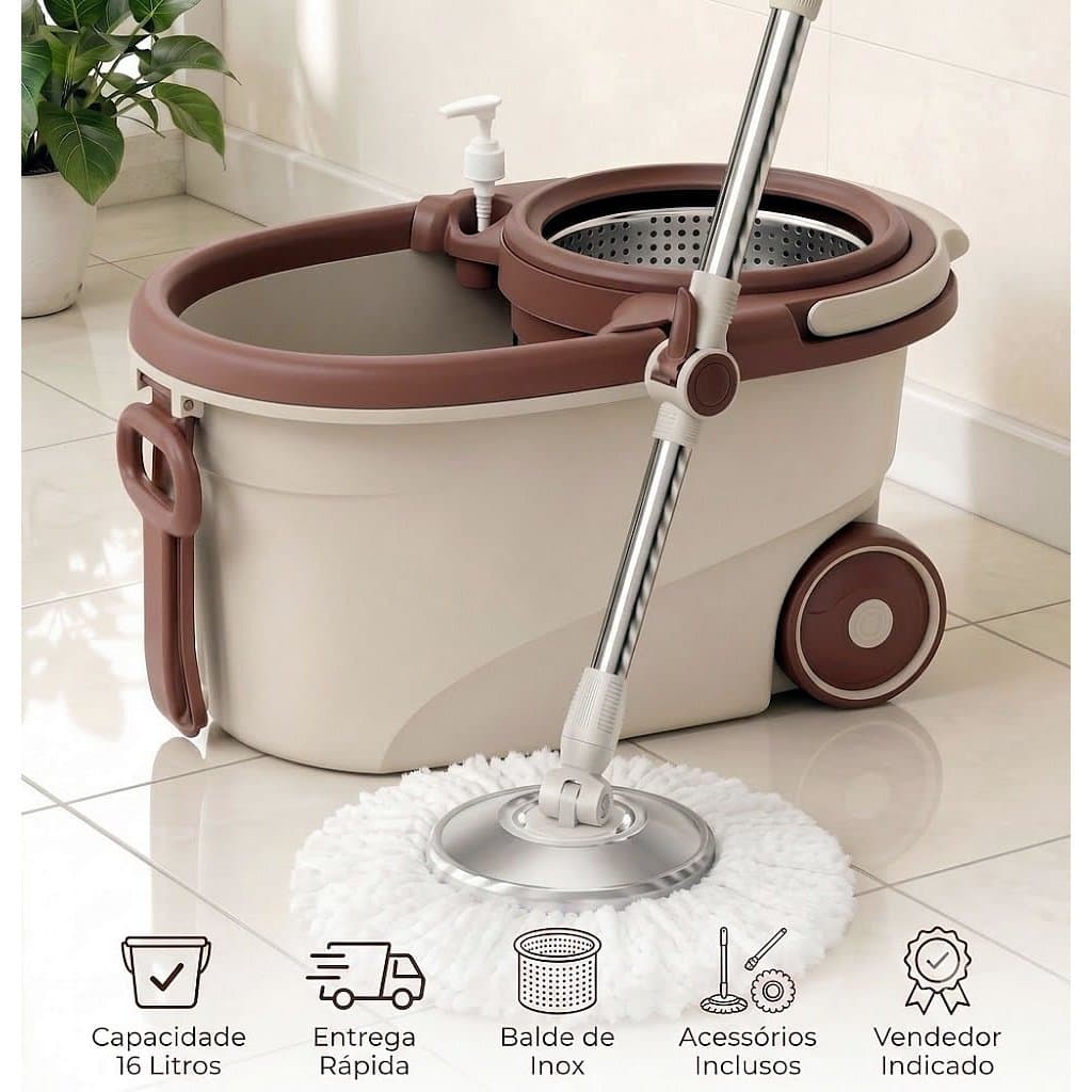 Mop 16 Litros Giratório Limpeza Prática Cesto Inox Com Rodinhas, Alça e Dispenser em 2 Cores