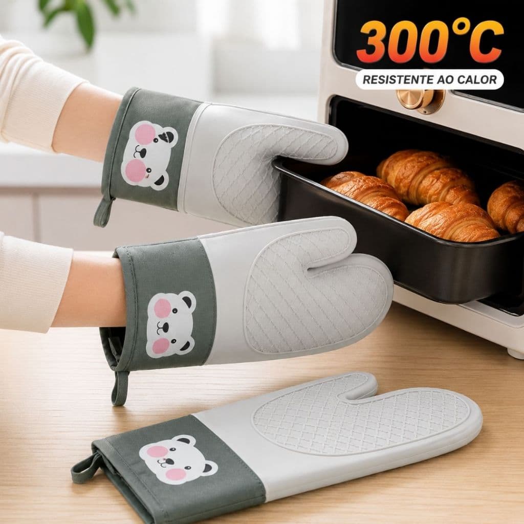 Luva Térmica de Forno Ursinho com Silicone Antiderrapante Resistente ao Calor para Cozinha, Forno e Air Fryer
