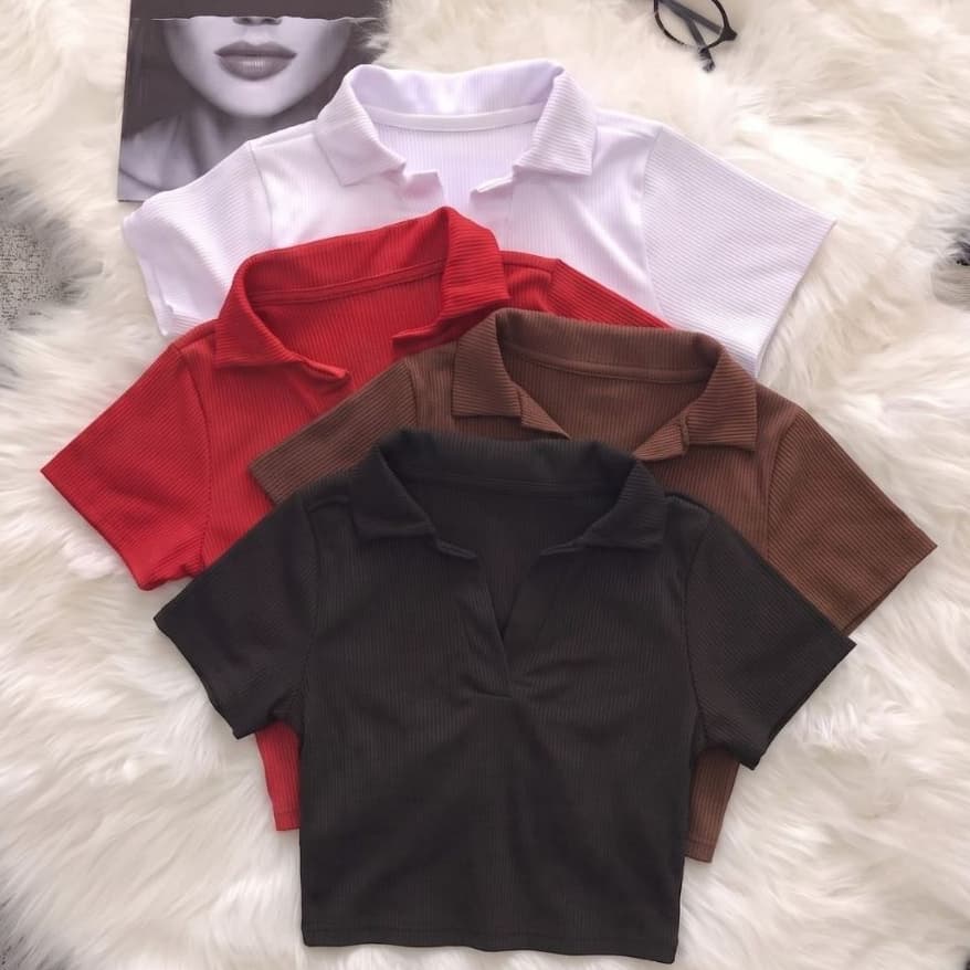 Kit 2 Cropped Polo Feminina Blusinha Decote Gola V Manguinha Ribana Premium Canelado Não Pinica