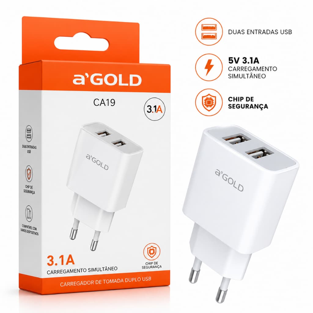 Carregador de Tomada Duplo 2 Entradas USB 5V 3.1A Carregamento Simultâneo e Chip de Segurança a'Gold CA19