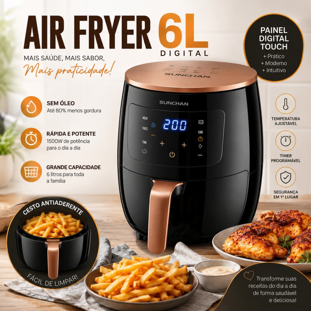 Air Fryer Digital 6L 1500W Sem Óleo Painel Touch LCD Cesto Antiaderente 110V
