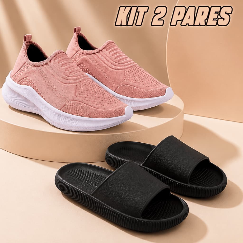 Kit 2 Pares Tênis Feminino Slip On e Chinelo Nuvem Slide