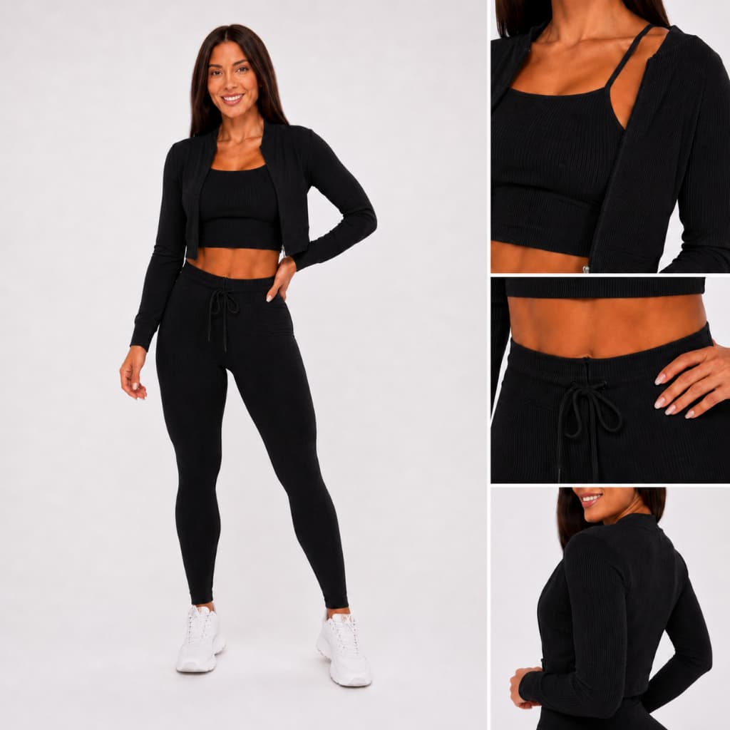 Trijunto Fitness Sculpt Feminino Canelado Top Legging e Jaqueta Cropped