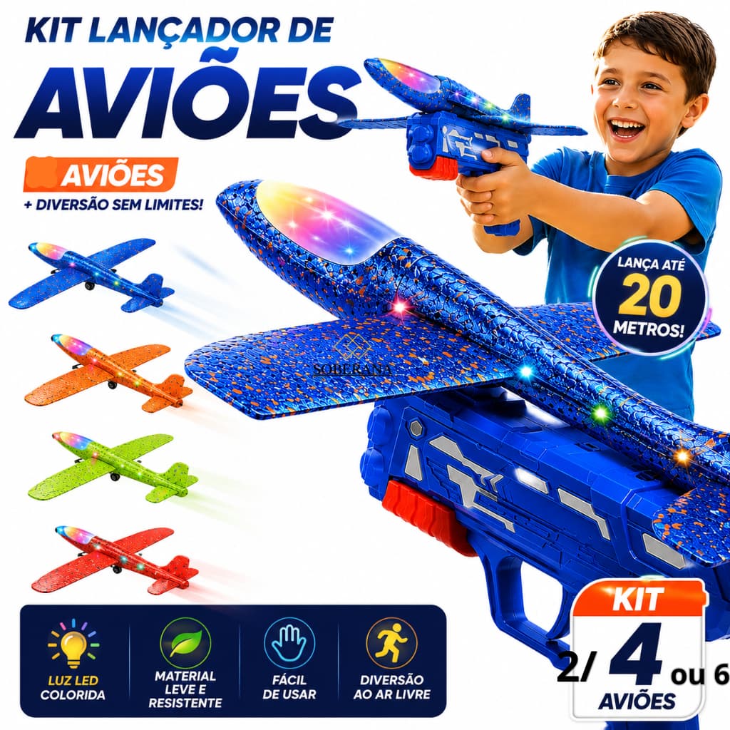 Kit 2 /4 /6 Avião Lançador com Luz Voador Brinquedo Planador Infantil Ar Livre Divertido