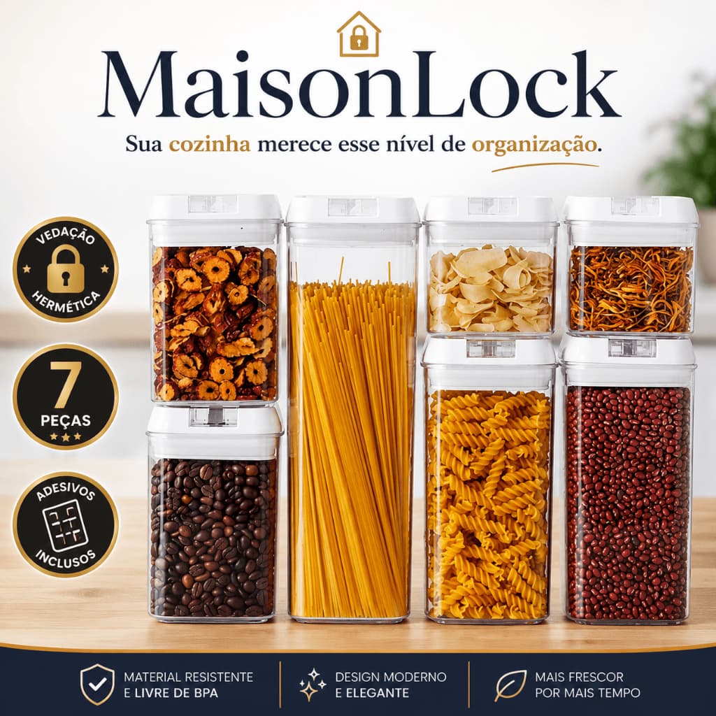 Kit 7 Potes Herméticos Acrílico MaisonLock com Tampa Vedada Multiuso Organizador de Mantimentos para Cozinha