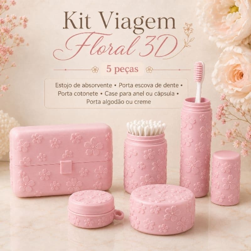 Kit de Bolsa Floral 3D 5 Peças com Porta Escova, Cotonete, Algodão e Estojo Absorvente – Kit Viagem