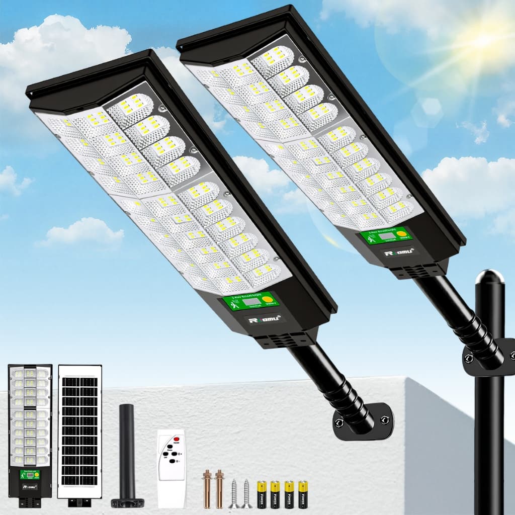 Kit 2 Luminária Solar Luz Led 800w Com Sensor Iluminação Externa Ip67 Para Parede E Poste Preto