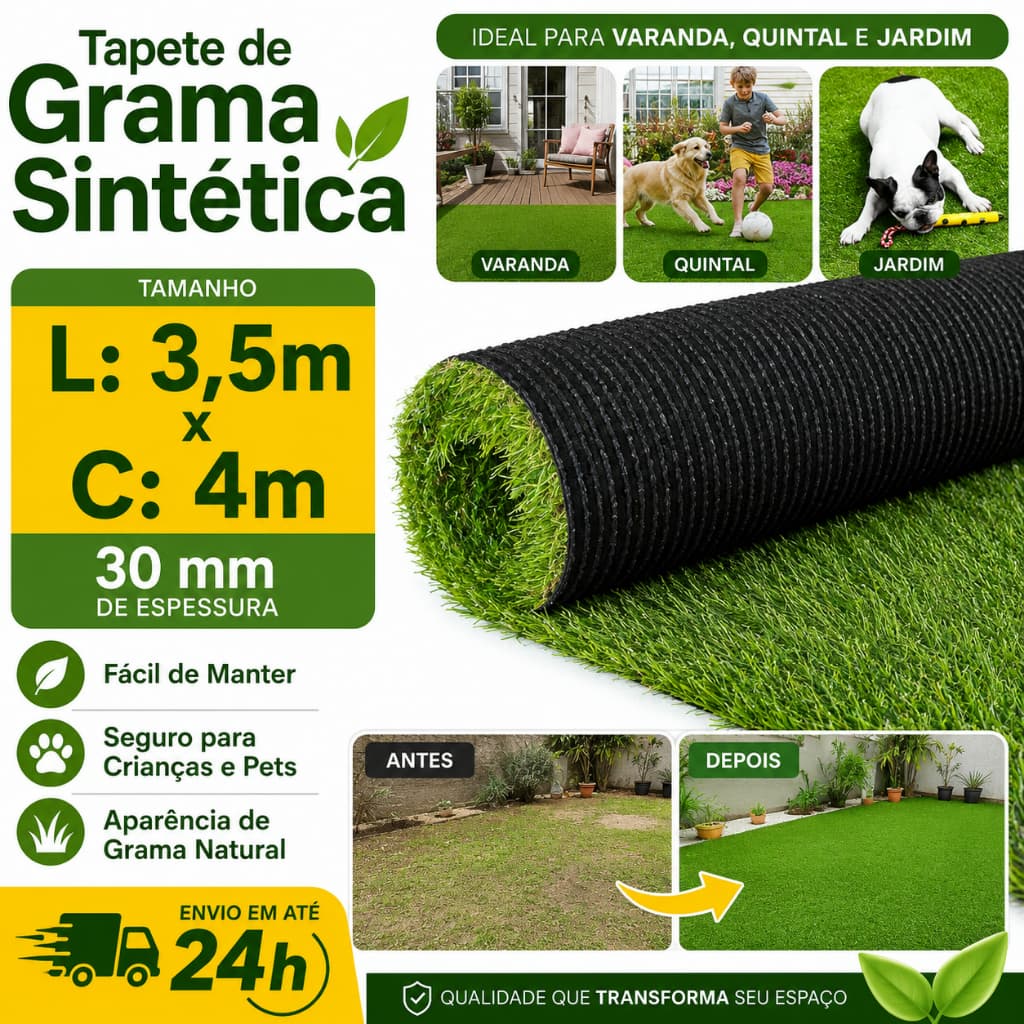 Grama Sintética 3,5 a 14m² (3,5m x 1 a 4m) Macia Realista Fácil Instalação Varanda Quintal Jardim
