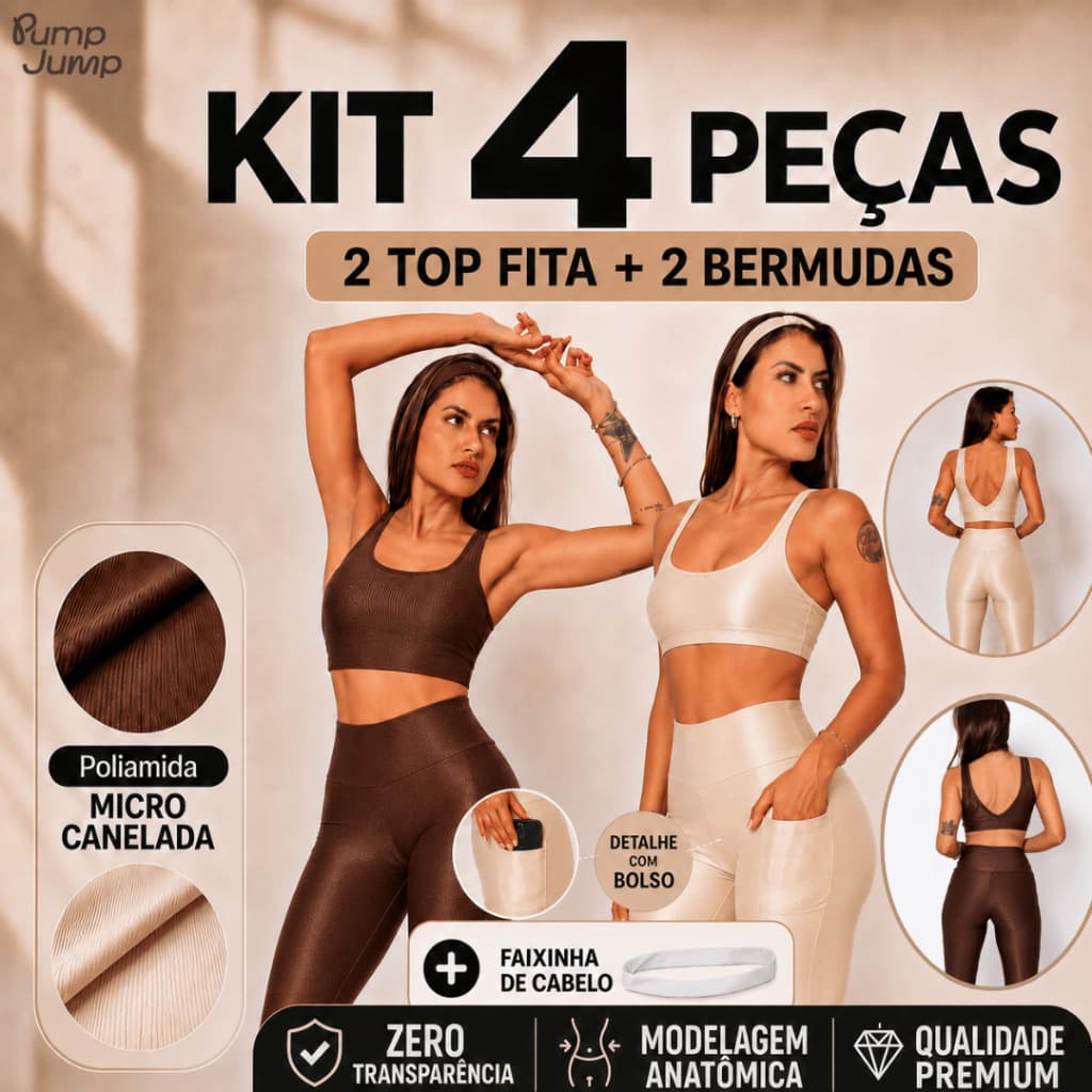 Kit 4 Peças 2 Leggings com Bolso + 2 Top Regata Micro Caneladas Fitness Academia Feminino