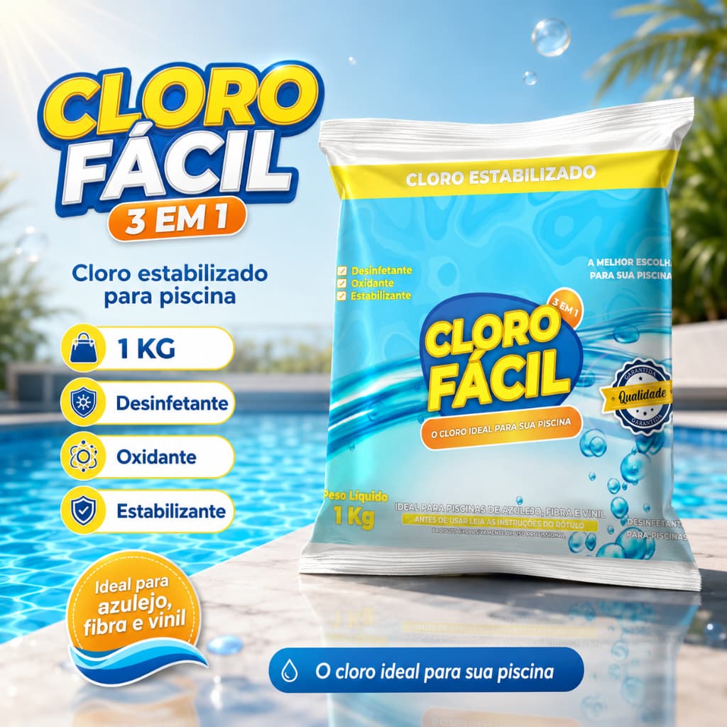 Cloro Fácil 3 em 1 para Piscina | 1kg | Teor ativo 23% | Original