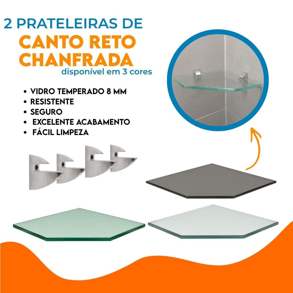 Kit 2 Prateleiras Vidro Temp 8mm 20x20cm Com Suporte Tucano
