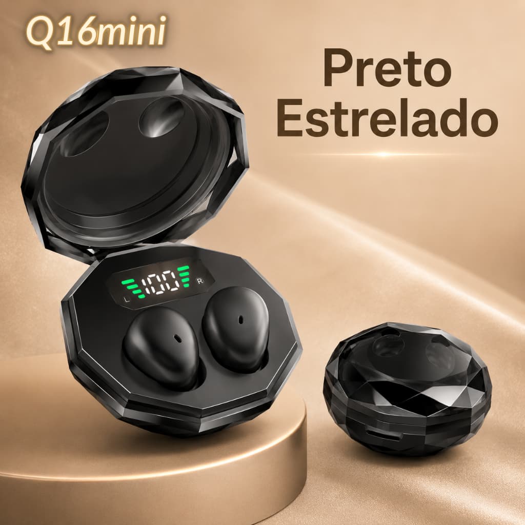 Fone Bluetooth Q16 Mini Invisível para Dormir de Lado, Estojo com Visor Digital