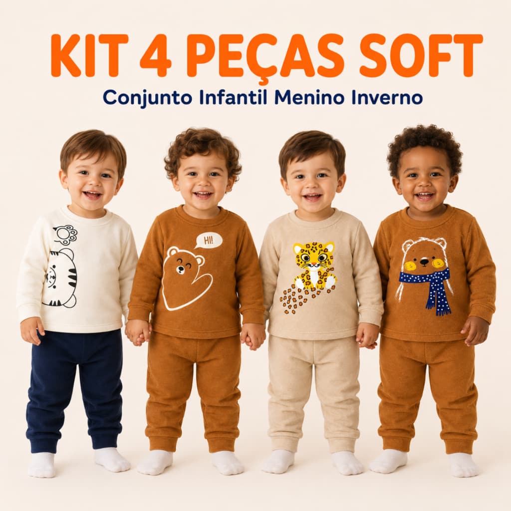 Kit 4 Peças Soft conjunto  Infantil Menino Inverno – 2 Conjuntos Sortidos P ao G (1 a 3 Anos) Super Macio e Quentinho