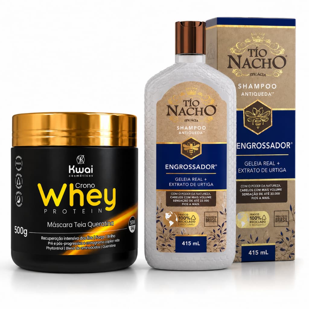 KIT Tio Nacho Engrossador 415ml + Máscara Efeito Teia Ouro 500g Reconstrução Capilar