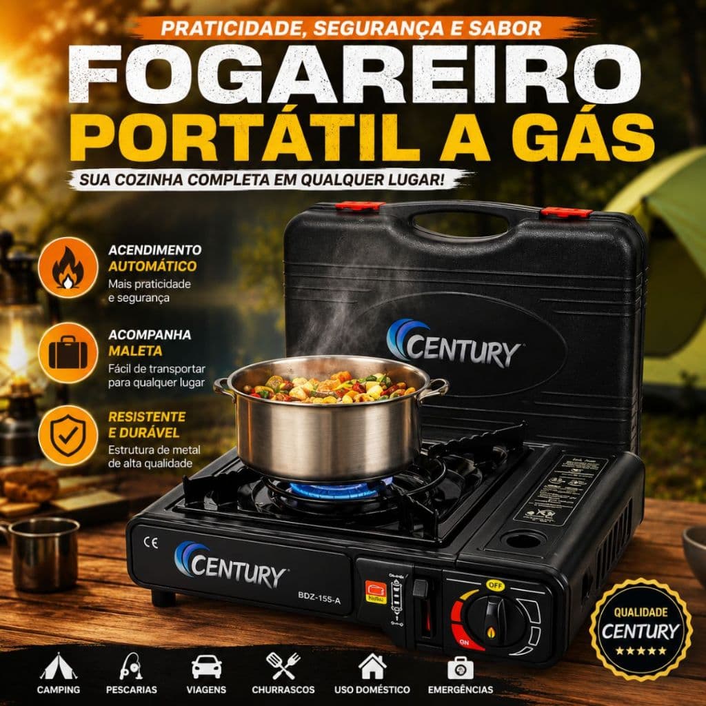 Fogareiro Portátil a Gás Camping com Maleta Acendimento Automático Fogão de Mesa