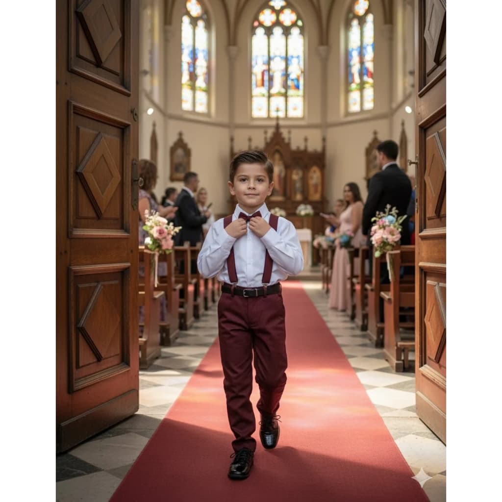 Conjunto Social Infantil Menino Miss Cherry Leo com Suspensório Marsala – Elegância para Festas, Casamentos e Eventos