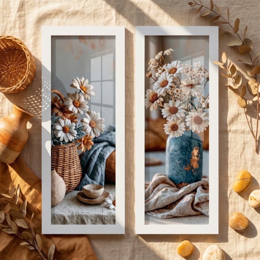 Kit 2 Quadros Decorativos Margaridas Vaso 18x45 Sala Quarto Floral Flores Brancas Campestre Pixer