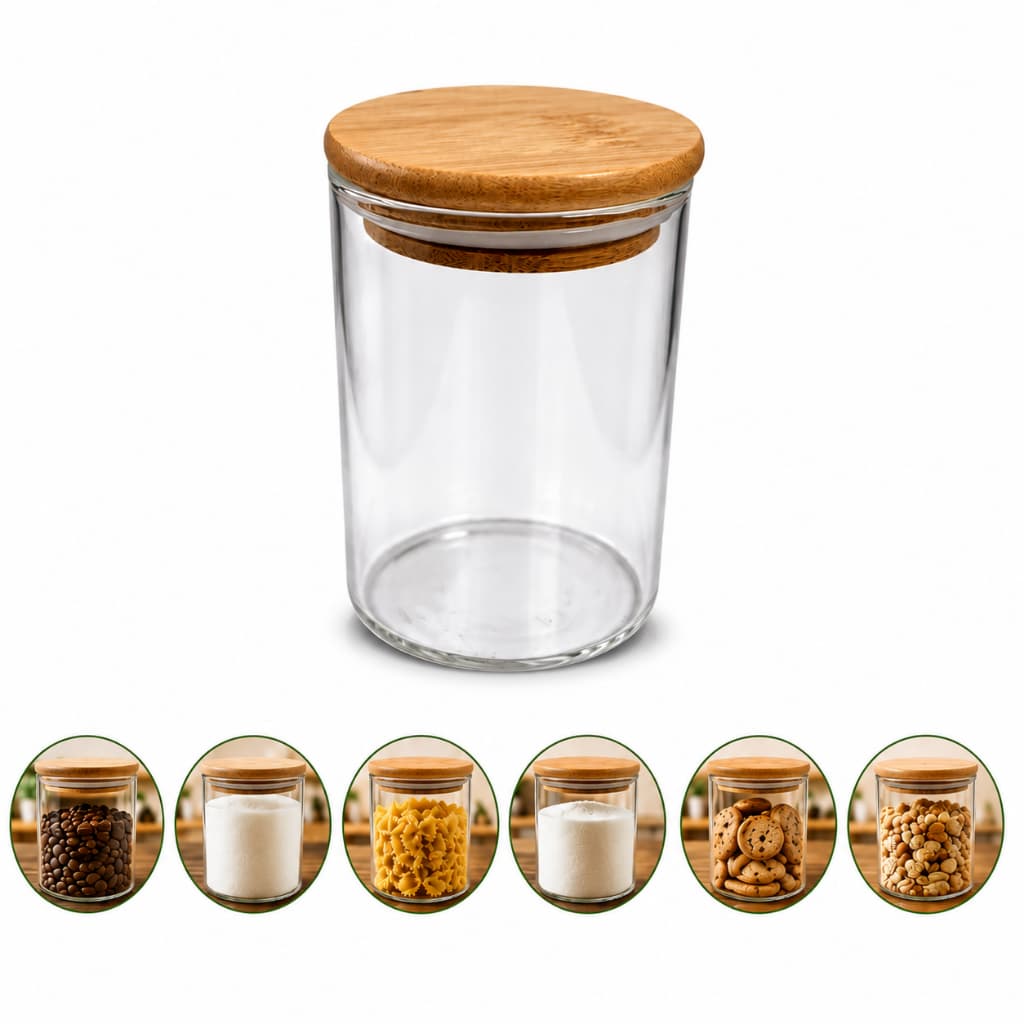 Pote Hermético 200ml Vidro Borossilicato com Tampa de Bambu Organizador para Café Açúcar Temperos e Grãos