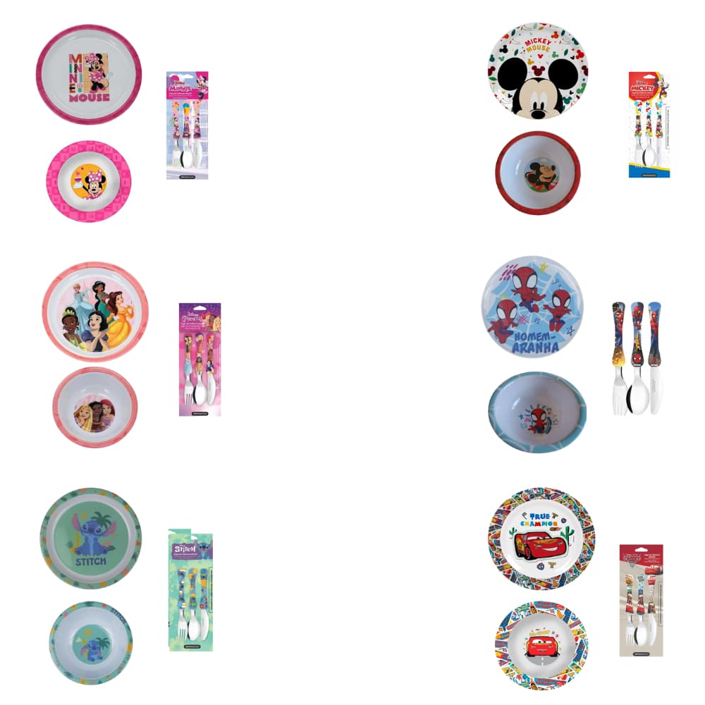Kit Infantil Personagens 3 Peças | Prato Fundo, Talheres e Bowl