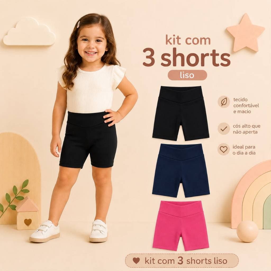Kit com 3 Shorts Infantil Confortável Estilo Bermudinha Suplex Liso
