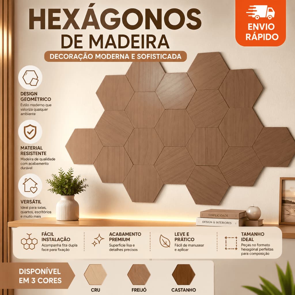 Kit 20 Placas Decorativa em Madeira Hexagonais Autocolante Premium- Envio Imediato
