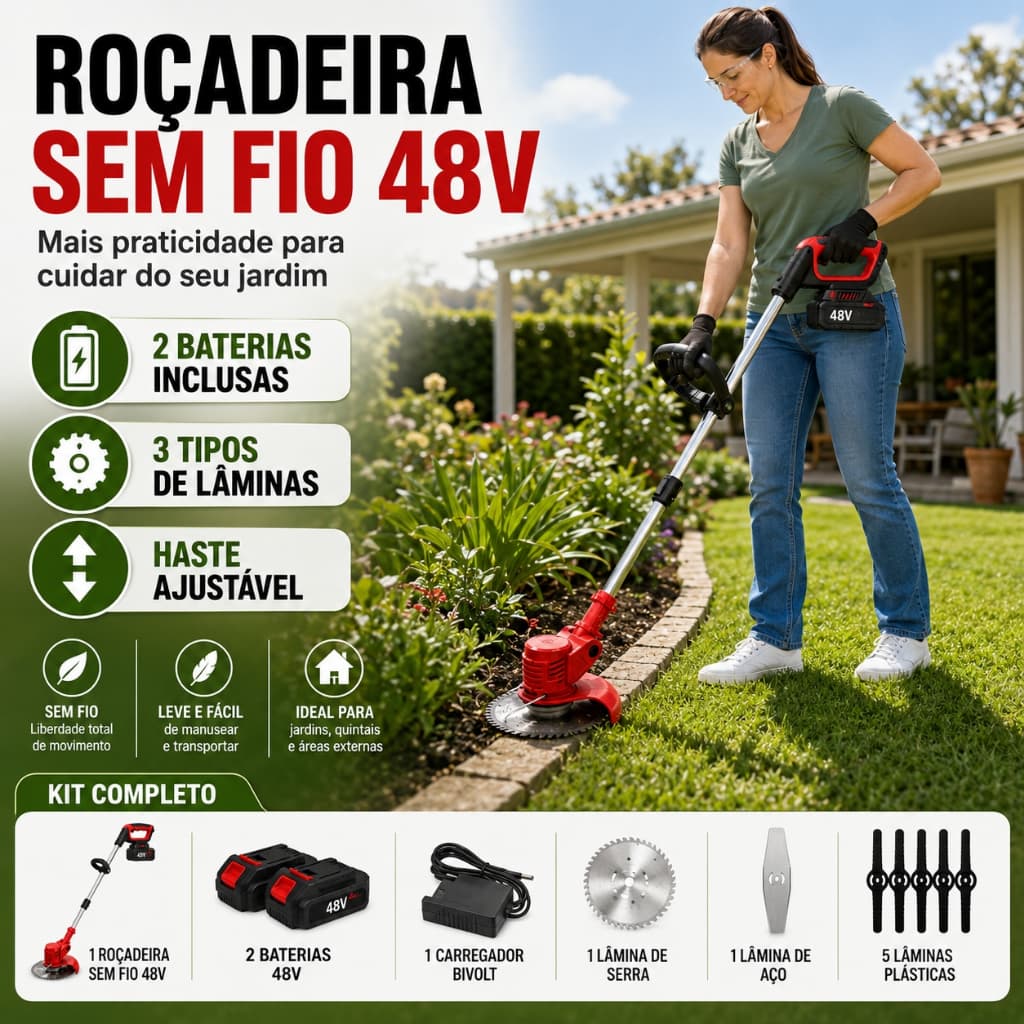 Roçadeira Sem Fio 48V com 2 Baterias Aparador de Grama com Lâminas para Jardim e Quintal