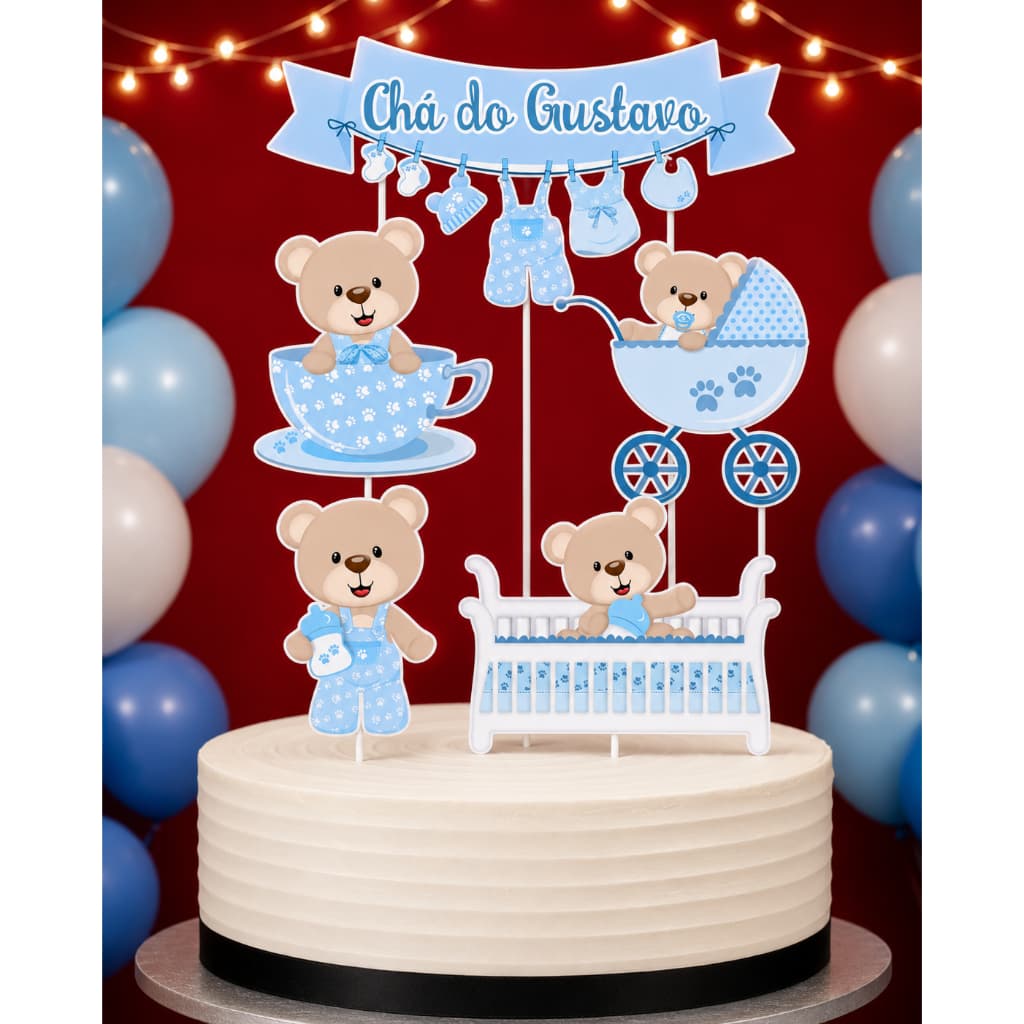 Topo de Bolo Topper Personalizado com Nome e Idade - Chá de bebê Ursinho Azul e Ursinho Rosa