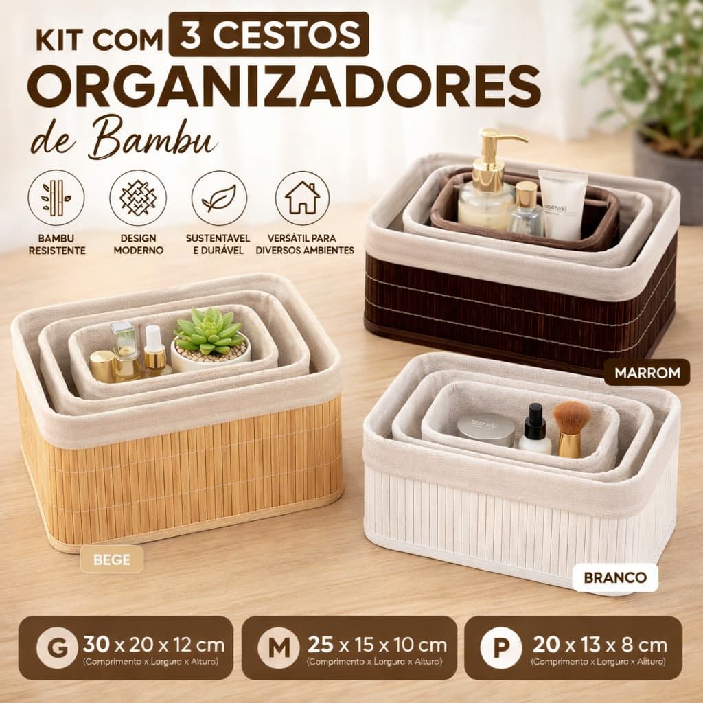 Kit 3 Cestos Organizadores Bambu Dobravel Com Tecido Multiuso Banheiro Quarto Armario Roupeiro