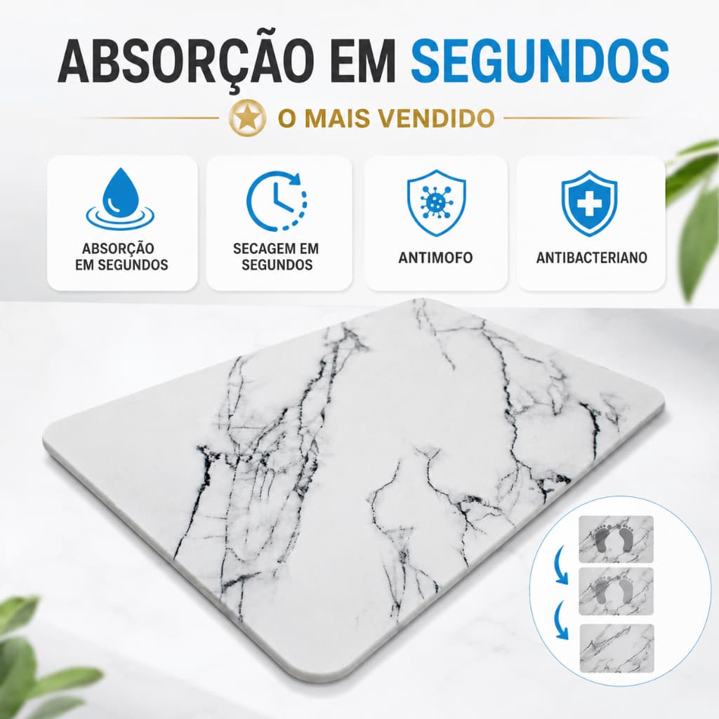 Tapete Pedra Diatomita Banheiro 60x39cm Secagem Rápida Antiderrapante Absorvente Impermeável Mármore Branco