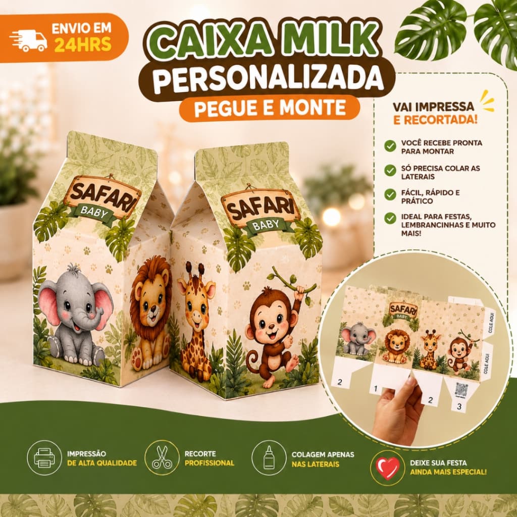 Kit 10 Caixa Milk Safari Personalizados /Lembrancinha de Festa /Aniversário / PEGUE E MONTE