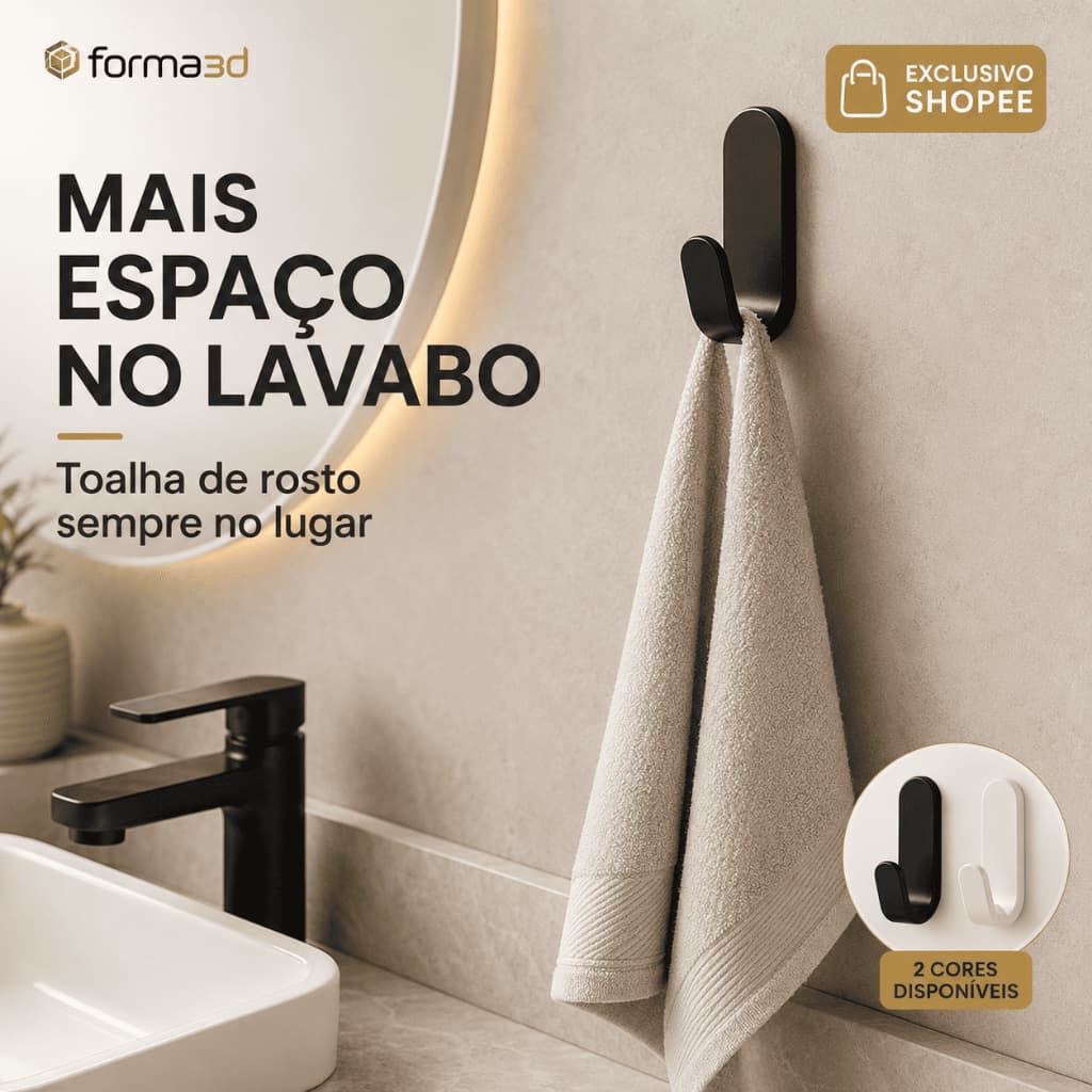 Porta Toalha de Rosto para Lavabo Gancho Adesivo de Parede Sem Furo 3M Preto ou Branco