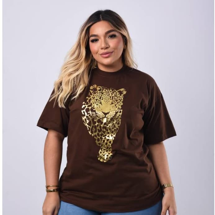 Blusa Max Oversized Plus Size Onça Foil Animal Print Feminina G2 Algodão Casual Moda