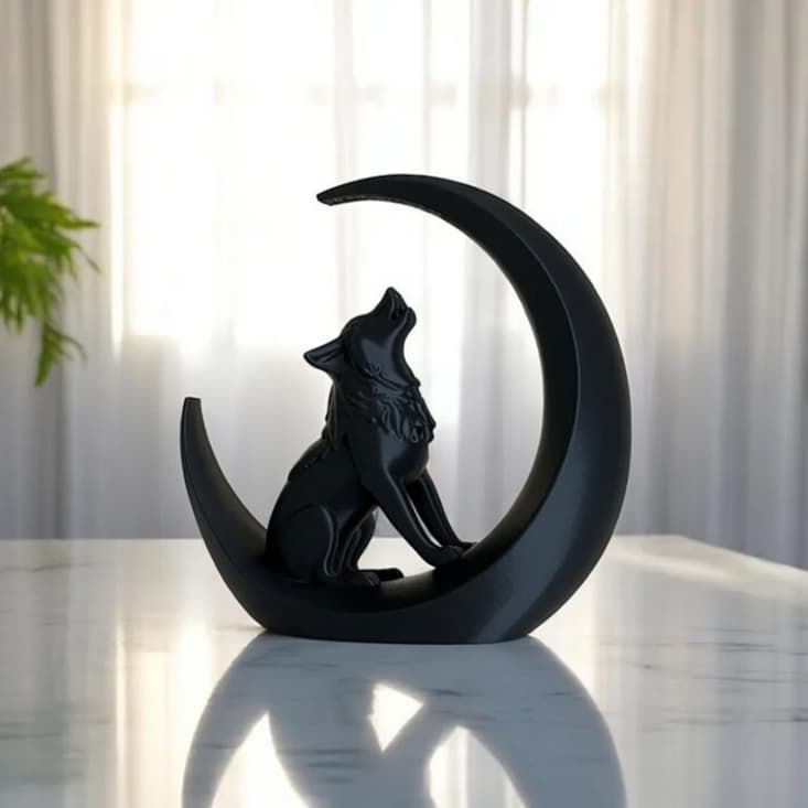 Escultura de Lobo Uivando e Lua | Estatua Lobo Uivando sobre a Lua